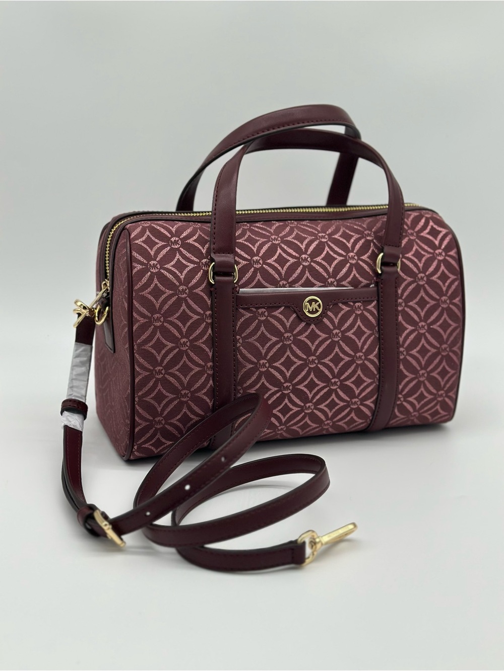 MICHAEL KORS Burgundy Patterned Signature Satchel with Gold Hardware